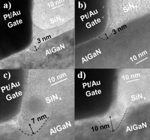 Figure 1: Cross sectional TEM images at the drain edge of the gate in the AlGaN/GaN HEMTs stressed at Vgs = -7 V and Vds = 43 V for 3000s in  vacuum of 1×10-7 Torr (a) dry air (b) ambient air (c) and in water saturated air (d).