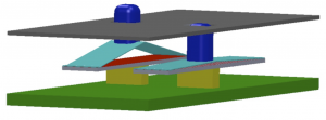 Figure 1: Schematic of two MEMS tactels (one fully actuated and another fully relaxed), showing the piezo actuators (red), displacement amplifiers (light blue), pins (deep blue), and cap plate (gray).